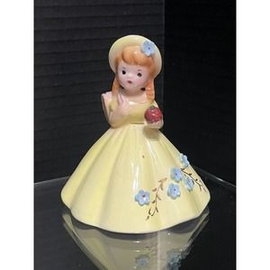 Vintage Josef Originals School Belle Girl Bell Figurine Yellow Dress Blue Flower